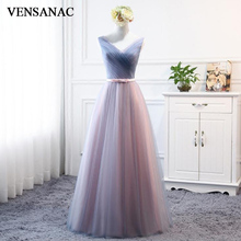 VENSANAC V Neck Bow Sash 2020 Tulle Long Evening Dresses Elegant A Line Lace Pleat Backless Party Prom Gowns 2024 - buy cheap