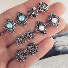 10 Pcs/Set Women Earrings Vintage Engraving Flowers Round Crystal Geometric Silver Color Earring Set Female Party Jewelry 2024 - buy cheap