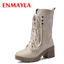 Enmayla novas botas de inverno das mulheres meados de bezerro botas moda elegante salto alto moderno conciso sapatos curtos femininos dedo do pé redondo botas cavaleiro 2024 - compre barato