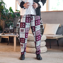 Мужские брюки Loldeal в этническом стиле с цветочным принтом, Осенние хлопковые Свободные повседневные штаны, большие размеры, клетчатые штаны с крестиком 2024 - купить недорого