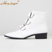 Nancyjayjii White Leather 3 Buckle Women’S Ankle Boots Pointed Toe Med Chunky Heels Female Winter Short Booties Zipper Shoes 2024 - buy cheap