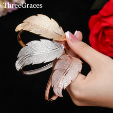 ThreeGraces Trendy Large Leaf Shaped High Quality Gold Color CZ Crystal Wedding Open Cuff Bangles for Brides Jewelry BA001 2024 - buy cheap