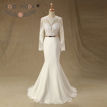 Rose Moda Lace Mermaid Wedding Dress 2019 Long Sleeves Backless Wedding Dresses Boho with Gold Belt Real Photos 2024 - buy cheap