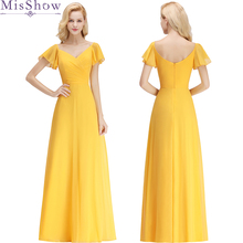 Cheap Long Chiffon Yellow Bridesmaid Dresses 2019 A-Line Vestido De Festa De Casamen Short Bat sleeveFormal Party Prom Dresses 2024 - buy cheap