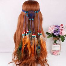 Hippie Bohemian Women Dreamcatcher Headband Indian Colored Beaded Artificial Peacock Feather Cosplay Party Hair Accessories 2024 - buy cheap