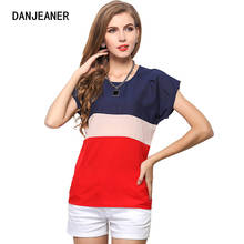 Danjeaner Blusas 2017  Plus Size Casual Chiffon Women Blouse Fashion Three-color Stitching Short Sleeve Blouse Loose Women Tops 2024 - buy cheap