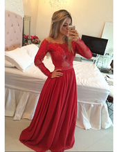 Elegant Long Sleeve Lace Prom Dresses Red Boat Neck Pearls Sashes Floor Length A-Line Evening Gown Caftan 2019 On Sale 2024 - buy cheap