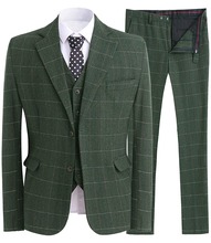 Terno masculino blazer xadrez clássico, peça formal de blazer em lã tweed com 3 peças 2024 - compre barato