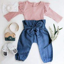 Roupas infantis outono bebê menina cor sólida macacão manga com babado + calças 2 pçs conjunto de roupas de 0-24m 2024 - compre barato