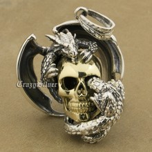 Huge 925 Sterling Silver Wing Dragon On Brass Skull Mens Biker Rock Punk Pendant 8B006 2024 - buy cheap