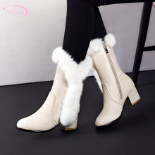 Chinese party style winter warm mid-calf boots fashion rabbit hair beige black high heel thick snow boots women's shoes 2024 - buy cheap