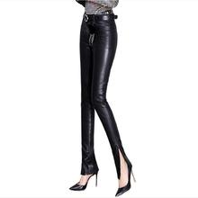 S- 3XL Plus Size high waist warm velvet filling motorcycle PU leather Pants female hollow cut zipper stitch leather pants wq661 2024 - buy cheap