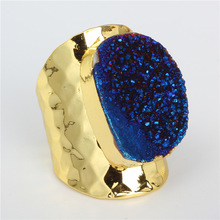Luxury Dark Royal Blue Rough Raw Druzy Crystal Semi Precious Stone Gold Color Hammered Adjustable Open Ring Cuff For Women 2024 - buy cheap