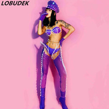 Female Dance Team Costume Purple Pearls Bikini 6 Pieces Set Sexy Bar Club Party Women DJ Jazz Show Stage Wear Nightclub Outfits 2024 - buy cheap