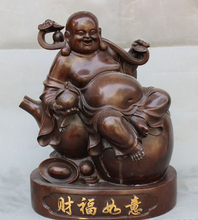 USPS to USA S1626 14" Chinese Pure Bronze Maitreya Buddha Hold Shou Peach RuYi On Gourd Statue 2024 - buy cheap