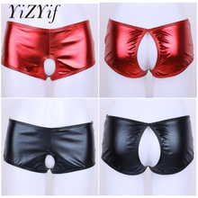 Yizyif short feminino de couro, sexy, em pvc, com virilha aberta, estilo boxer, metálico, aparência molhada, mini calça curta 2024 - compre barato