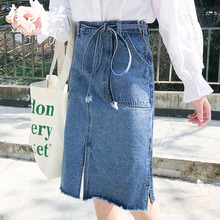 New Korean Bow Sash Jeans Skirt Women Office Lady Elegant Side Split High Waist A-Line Skirt Knee-Length Female Denim Skirt D12 2024 - buy cheap