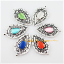 6Pcs Tibetan Silver Teardrop Flower Mixed CatEye Stone Charms Pendant 20.5x35mm 2024 - compre barato