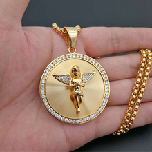 Hip Hop Iced Out Angel Wings Pendant Necklace For Women Men Gold Color Stainless Steel Round Necklace Bling Jewelry 2024 - buy cheap