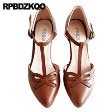 Women Pumps Thick 2021 High Heels T Strap Bow Bar Retro European Designer Shoes Japanese Medium Multi Colored Brown Pointed Toe 2024 - buy cheap