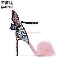 Qianruiti/Милая женская летняя обувь на меху; Разноцветные босоножки на тонком высоком каблуке с крыльями бабочки; Sandalias Mujer; розовые женские сандалии с перьями 2024 - купить недорого