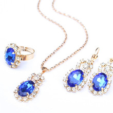 Fashion Crystal Stone Necklace Earrings Ring Set Drop Pendant Wedding Jewelry Sets For Women Brides Gift Blue Red White Colors 2024 - buy cheap