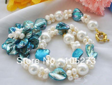 Hot Sale Pearl Jewelry 19'' 4-20MM White Round Baroque Pearl Blue Shell Flower Necklace Fashion Jewelry New Free Shipping 2024 - buy cheap
