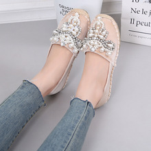 New Woman gold velvet pearl beaded espadrilles hand-sewn crystal creepers femme loafers straw knitted rhinestone fisherman flats 2024 - buy cheap