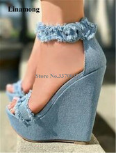 New Fashion Women Summer Blue Denim High Platform Wedge Sandals Ankle Straps Fringes Height Increased Jean Sandals Sexy Shoes 2024 - buy cheap