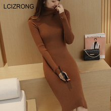 Spring Fashion Knitted Split Pencil Dress Women Long Sleeve Turtleneck Knee-Length Dress Winter Warm Ladies Sweater Dresses 2024 - buy cheap