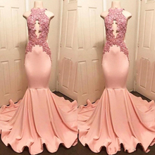 Vestidos de noite de sereia rosa com gola alta, aplique com buraco de chave, vestido longo de baile com babados, cauda, 2021 2024 - compre barato