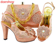 Doershow 2018 último conjunto de zapatos y bolso para mujer africana zapatos y bolsos a juego italiano en las mujeres de color melocotón zapatos! SH1-21 2024 - compra barato