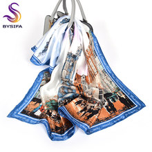 [BYSIFA] Blue White Women Silk Scarf Shawl New City Oil Painting Letters Design 100% Silk Square Scarves Brand Neck Head Scarf 2024 - buy cheap