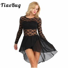 TiaoBug Women Ballet Dance Leotard Dress Long Sleeve Lace Chiffon Sports Bodysuit Ballet Tutu Ballerina Dress Gymnastics Leotard 2024 - buy cheap