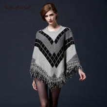 Kakaforsa Women Winter Plaid Sweaters Ladies Knitted Pullovers Female Batwing Tassel Poncho Cloak Casual Loose Green Sweater 2024 - buy cheap