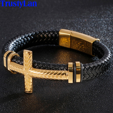 Braided Leather Wrap Bracelet For Men Gold Stainless Steel Christian Cross Bracelets & Bangles Man Religious Friendship Jewelry 2024 - buy cheap