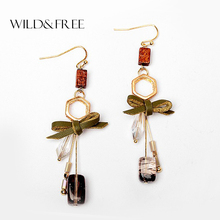 WILD & FREE Women Dark Green Leather Bowknot Natural Stone Drop Earrings Vintage Gold Long Dangle Earrings Jewelry Gift 2024 - buy cheap