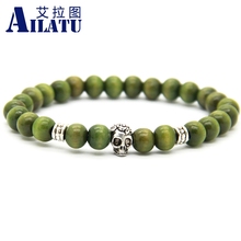 Ailatu 12 pieces/lot Wholesale Promotion Green Wood Beads Skull Bracelet Exquisite Gift for Friend 2024 - buy cheap