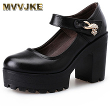 MVVJKE Women's spring and autumn shoes thick high heels fashion women genuine leather shoes Round Toe platform pumps E165 2024 - buy cheap