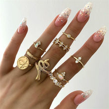 9 Pcs/Set Boho Carving Snake Flower Leaf Round Geometry Gold Crystal Gem Joint Ring Female Personality Party Irregular Ring Set 2024 - buy cheap