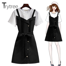 Trytree Summer Women Dress Polyester Casual Cotton O-neck Striped Patchwork Shirt Dresses Belt Office Lady Mini A-line Dress 2024 - buy cheap