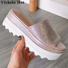 Vichelo Hot glitter crystals decoration slip on mules peep round toe high bottom wedges platform women sandals casual shoes L30 2024 - buy cheap