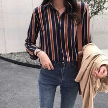 Blusa listrada solta com lapela feminina, camisa casual vintage de manga comprida com estampa listrada, moda 2019 2024 - compre barato