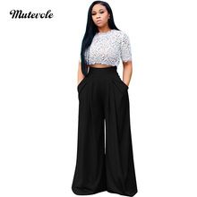 Mutevole Women Casual Two Piece Pants Set Short Sleeve Lace Crop Top and Wide Leg Pant 2 Piece Set Loose Summer Outfits Set 2024 - buy cheap