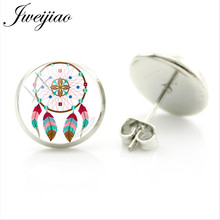 JWEIJIAO New Bohemia  Color Dreamcatcher Earrings Colorful Feather Tassel Photo Glass Cabochon Dome Stud Earrings DH48 2024 - buy cheap