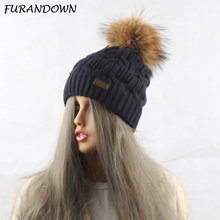 Furwindown-gorro tejido de lana para mujer, Gorro con pompón de piel de mapache para invierno 2024 - compra barato