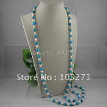 Charming!long pearl turquoises necklace 48'' AA 7-8MM White Genuine freshwater pearl&turuqoises free shipping 2024 - buy cheap