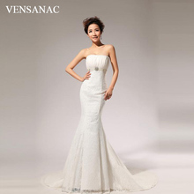 VENSANAC 2018 Pleat Strapless Lace Embroidery Sweep Train Mermaid Wedding Dresses Crystal Pearls Sash Bridal Gowns 2024 - buy cheap