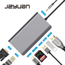 JZYuan USB C концентратор USB C к HDMI 4K VGA Ethernet PD Thunderbolt 3 адаптер для Macbook Pro Samsung S9 Huawei P20 Pro USB HUB 3,0 2024 - купить недорого