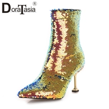 DoraTasia-Botas de tacón alto con lentejuelas para mujer, botines elegantes con punta puntiaguda, de talla grande 32-43, Invierno 2024 - compra barato